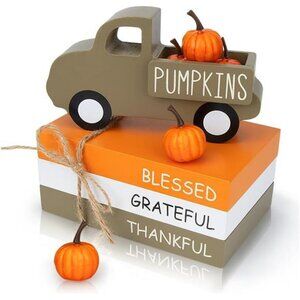 Fall Table Decor, Farmhouse Wooden Fall Signs with Book Stack, 3D Truck